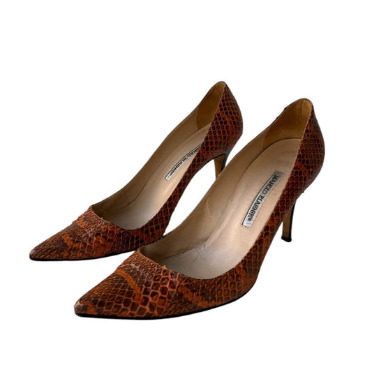 Manolo Blahnik Orange & Brown Snakeskin Pointed Toe Pumps