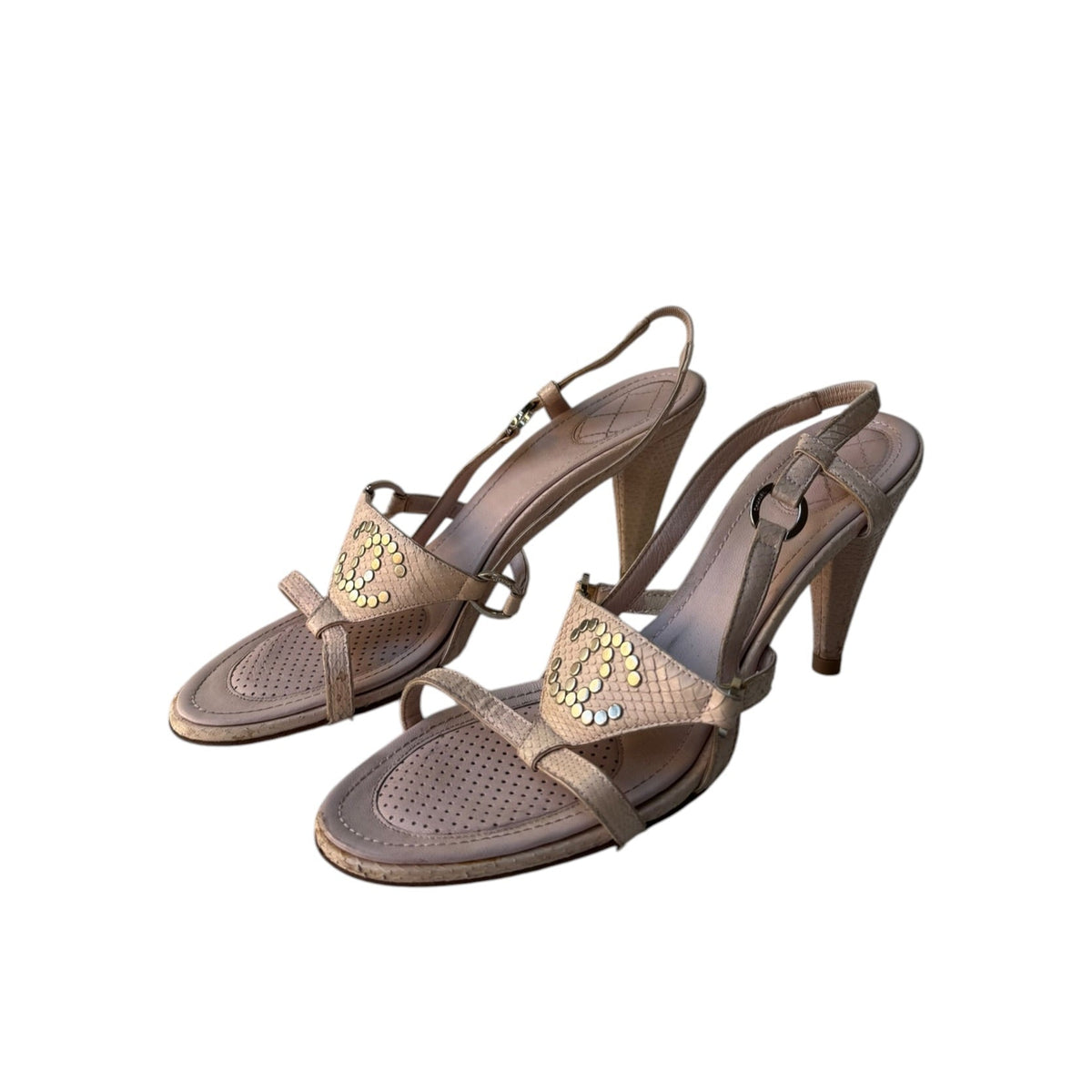 Chanel Studded Logo Python Leather Sandal Heels