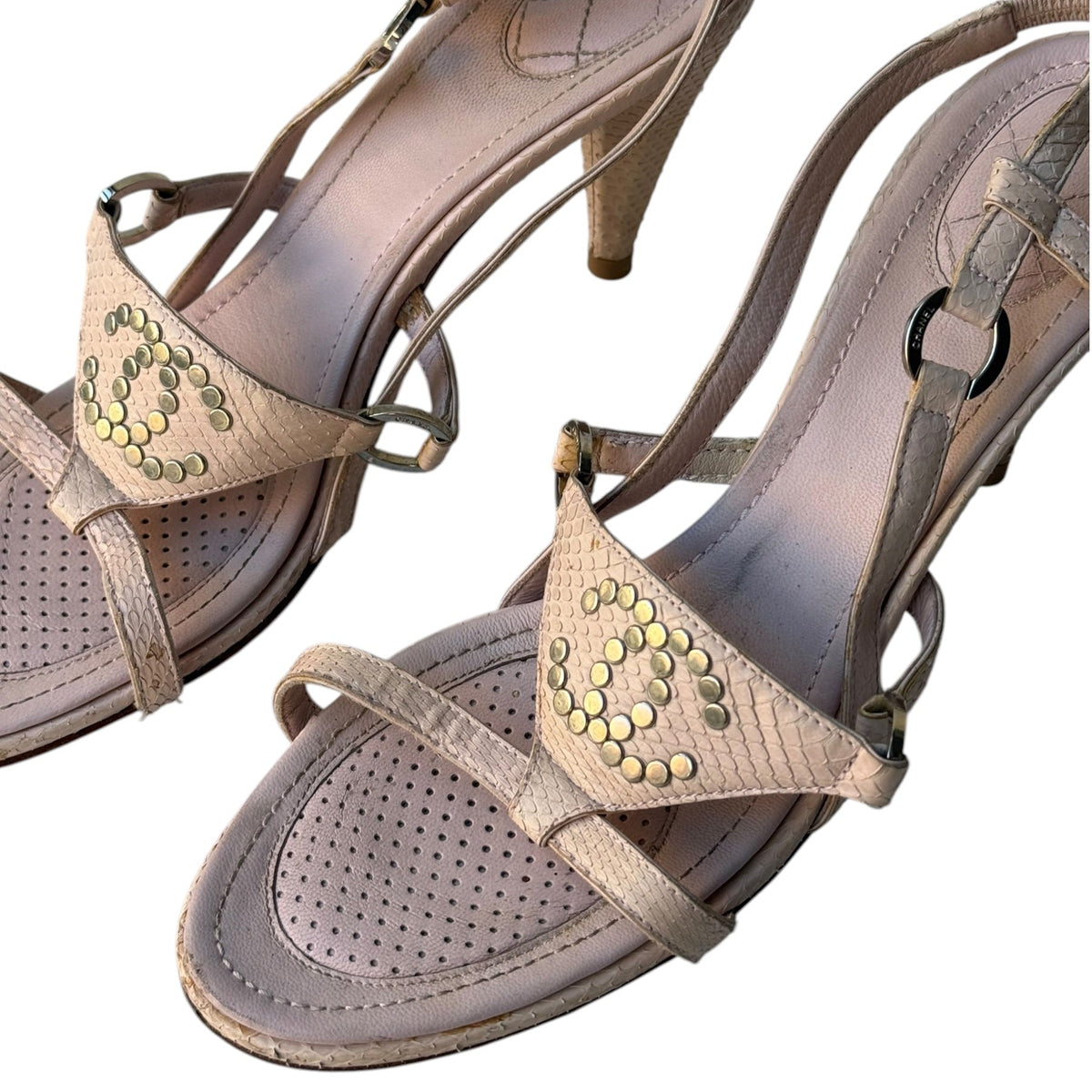 Chanel Studded Logo Python Leather Sandal Heels