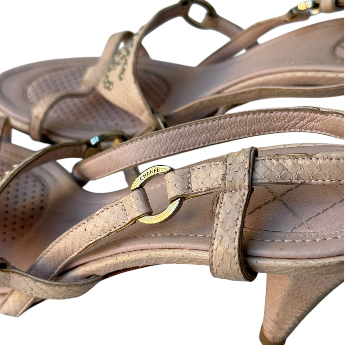 Chanel Studded Logo Python Leather Sandal Heels