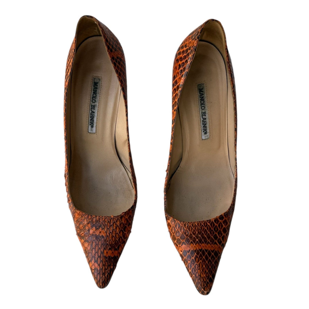 Manolo Blahnik Orange & Brown Snakeskin Pointed Toe Pumps