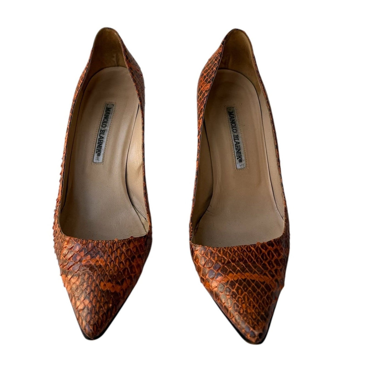 Manolo Blahnik Orange & Brown Snakeskin Pointed Toe Pumps
