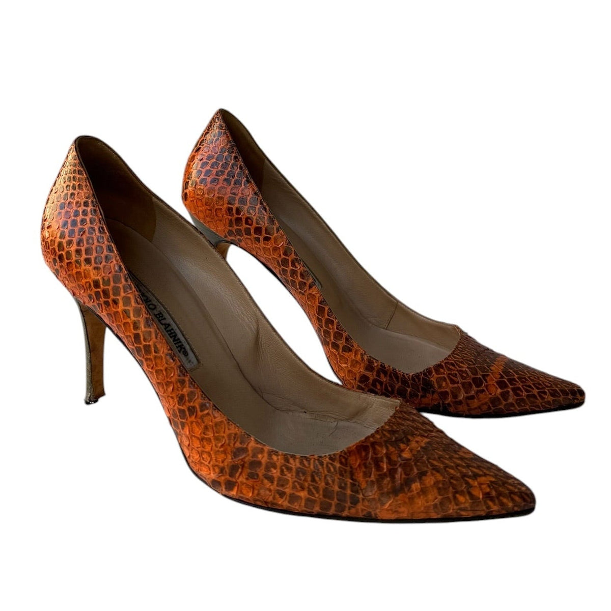 Manolo Blahnik Orange & Brown Snakeskin Pointed Toe Pumps