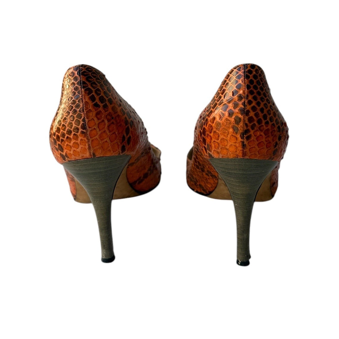 Manolo Blahnik Orange & Brown Snakeskin Pointed Toe Pumps