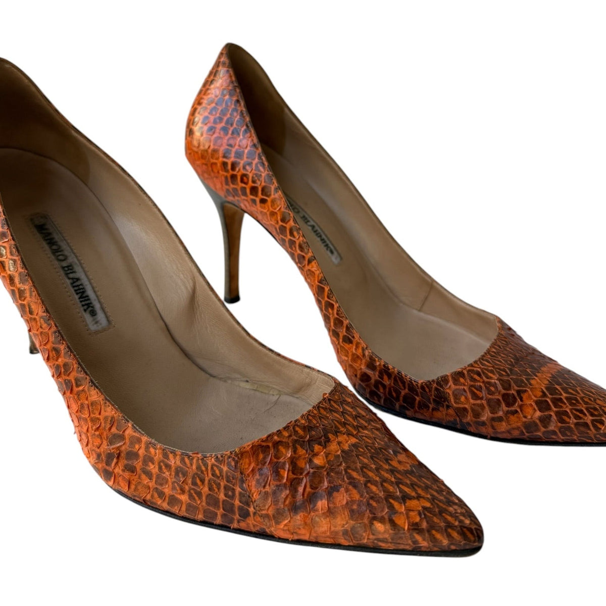 Manolo Blahnik Orange & Brown Snakeskin Pointed Toe Pumps