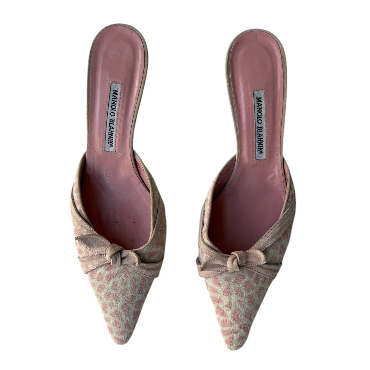 Manolo Blahnik Pink Leopard Pony Mules
