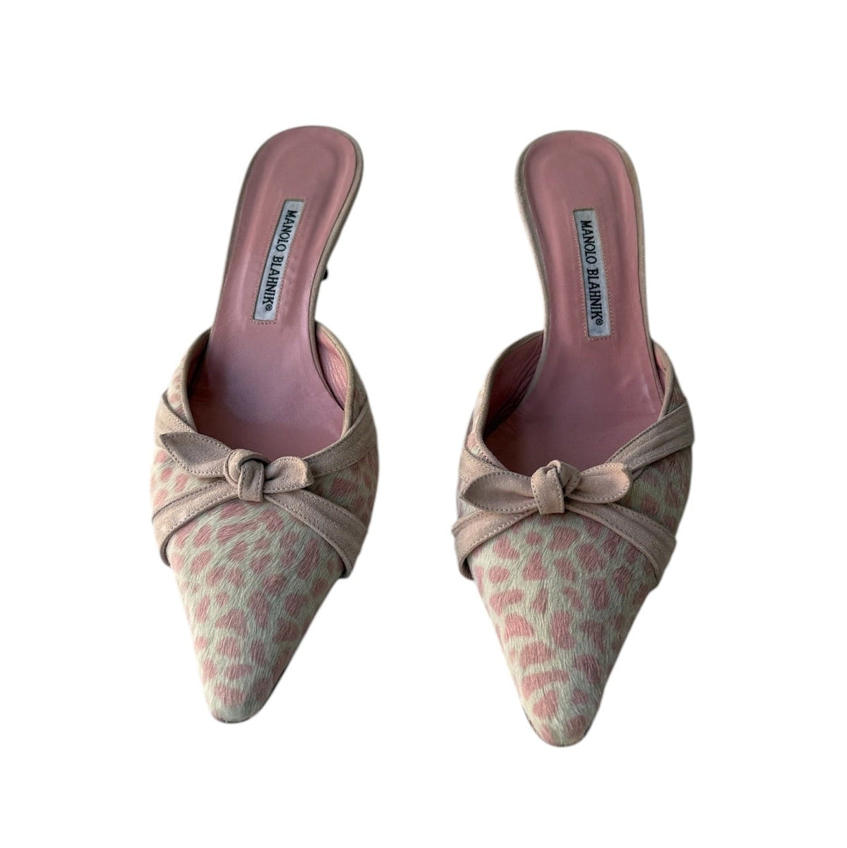 Manolo Blahnik Pink Leopard Pony Mules