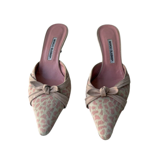Manolo Blahnik Pink Leopard Pony Mules