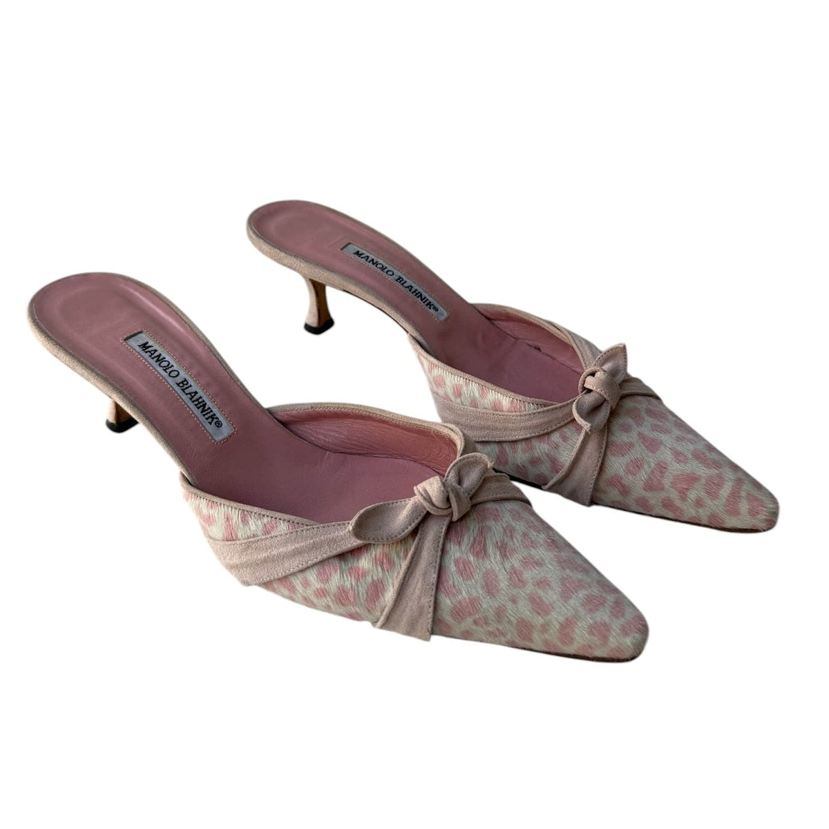 Manolo Blahnik Pink Leopard Pony Mules