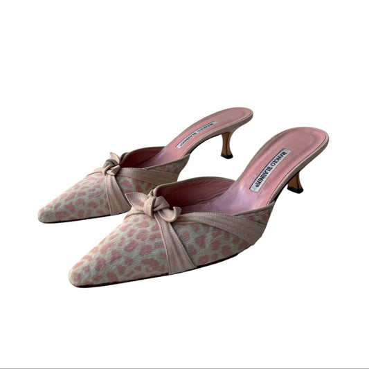 Manolo Blahnik Pink Leopard Pony Mules