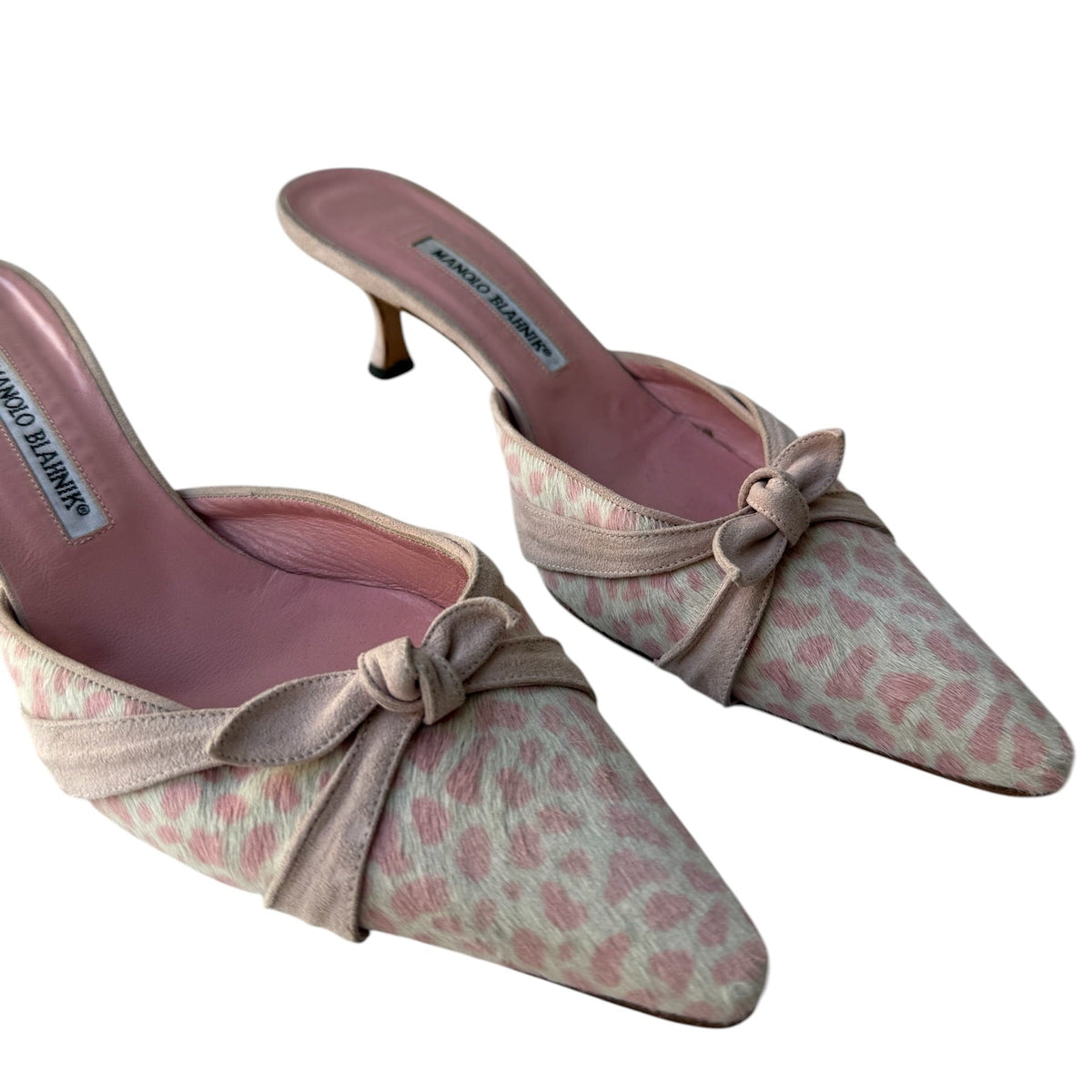Manolo Blahnik Pink Leopard Pony Mules