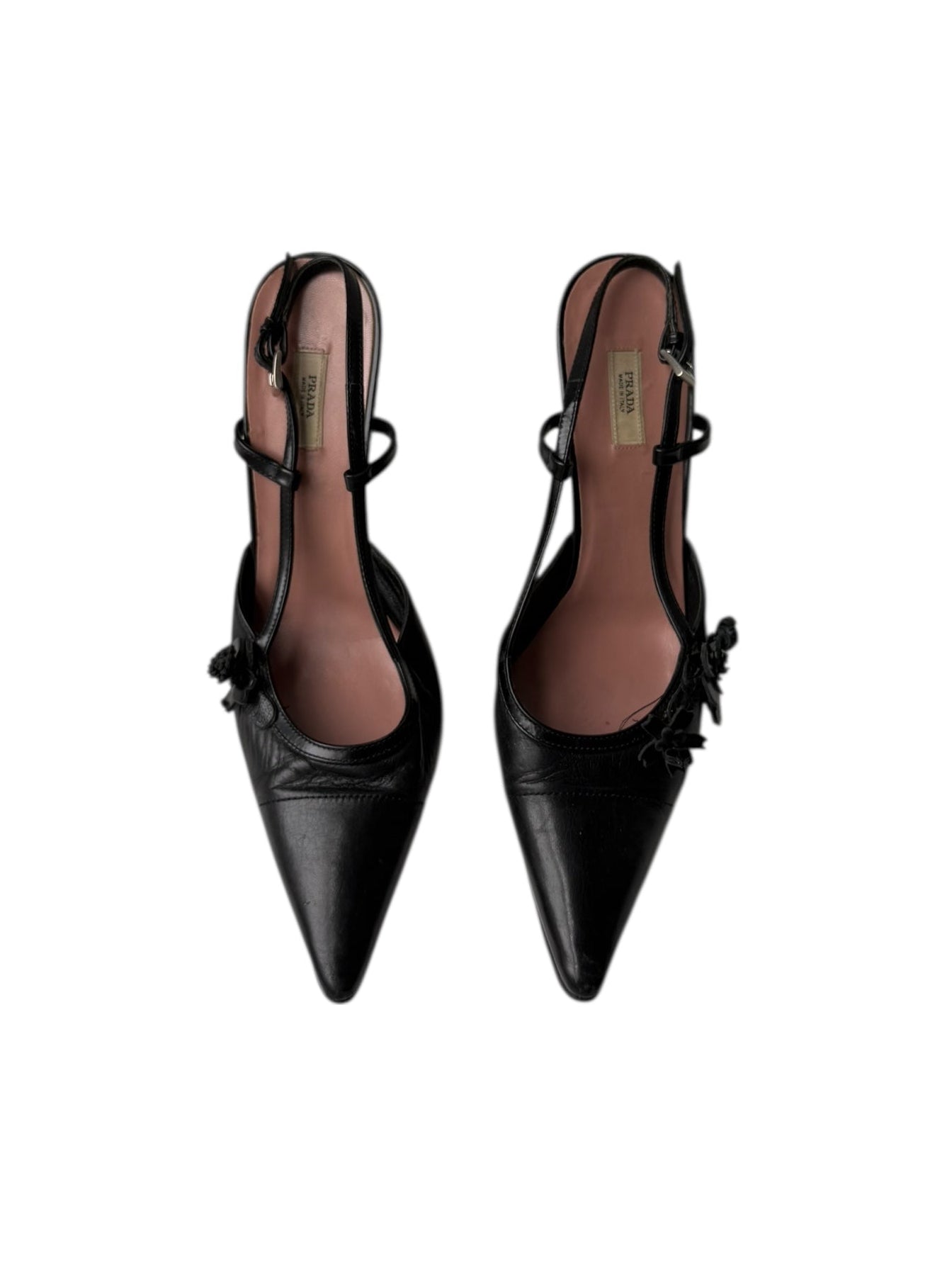 Prada Black Leather Flower Heels