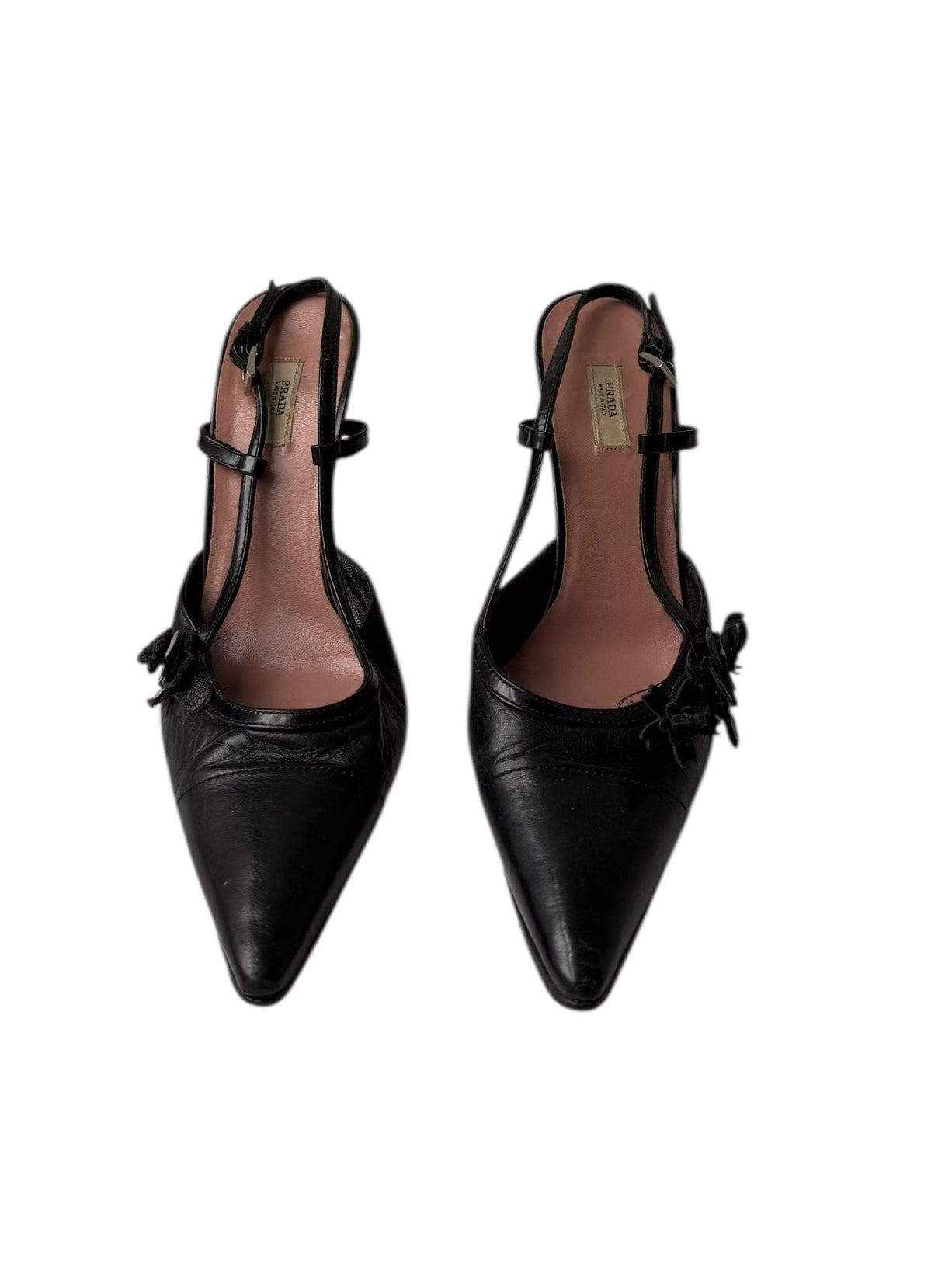 Prada Black Leather Flower Heels