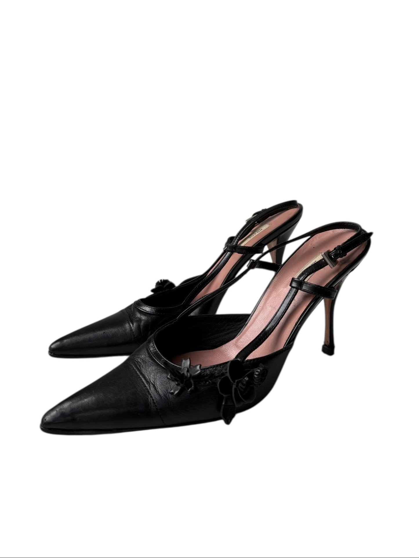 Prada Black Leather Flower Heels