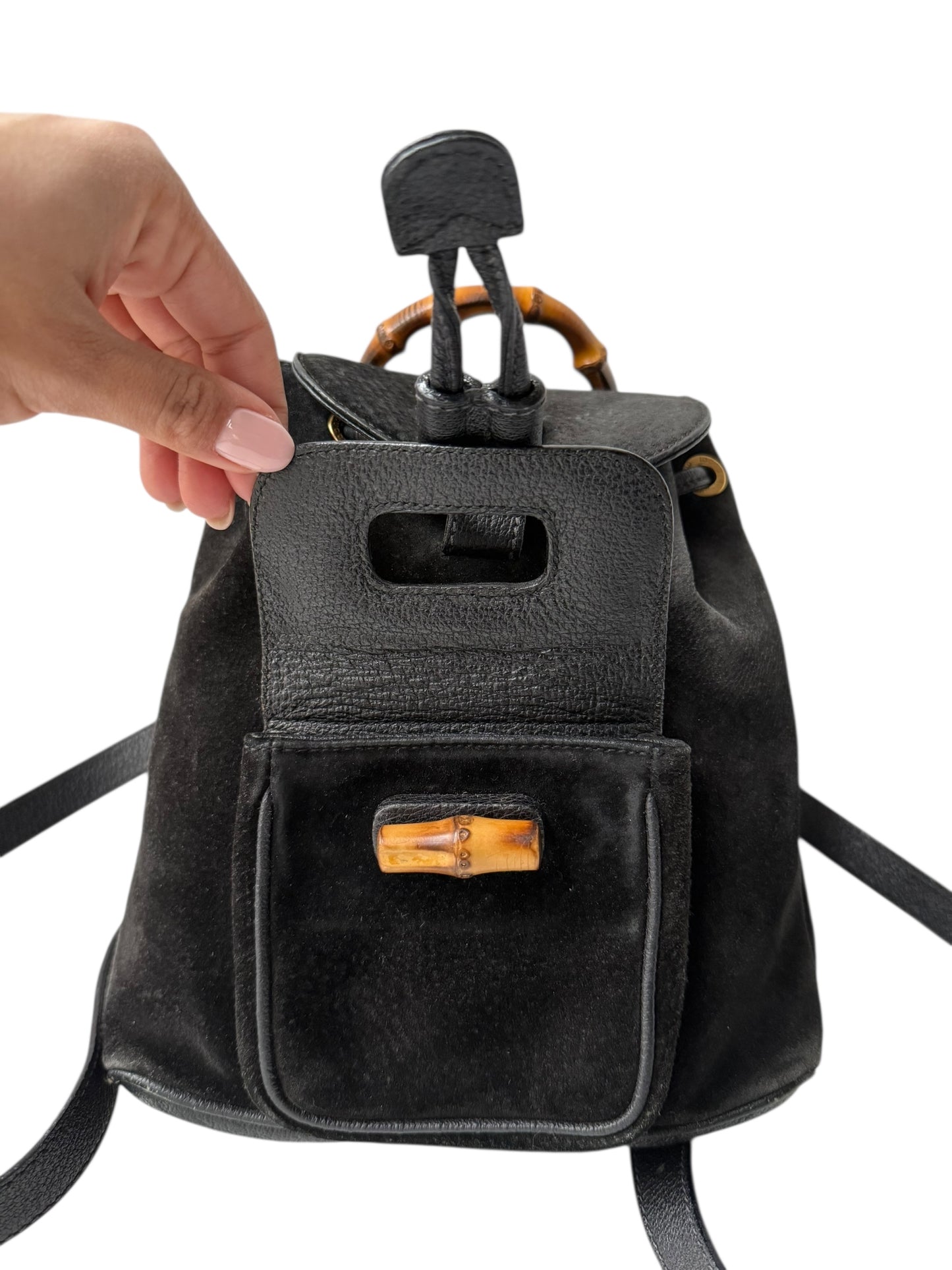Gucci Black Leather & Suede Bamboo Backpack